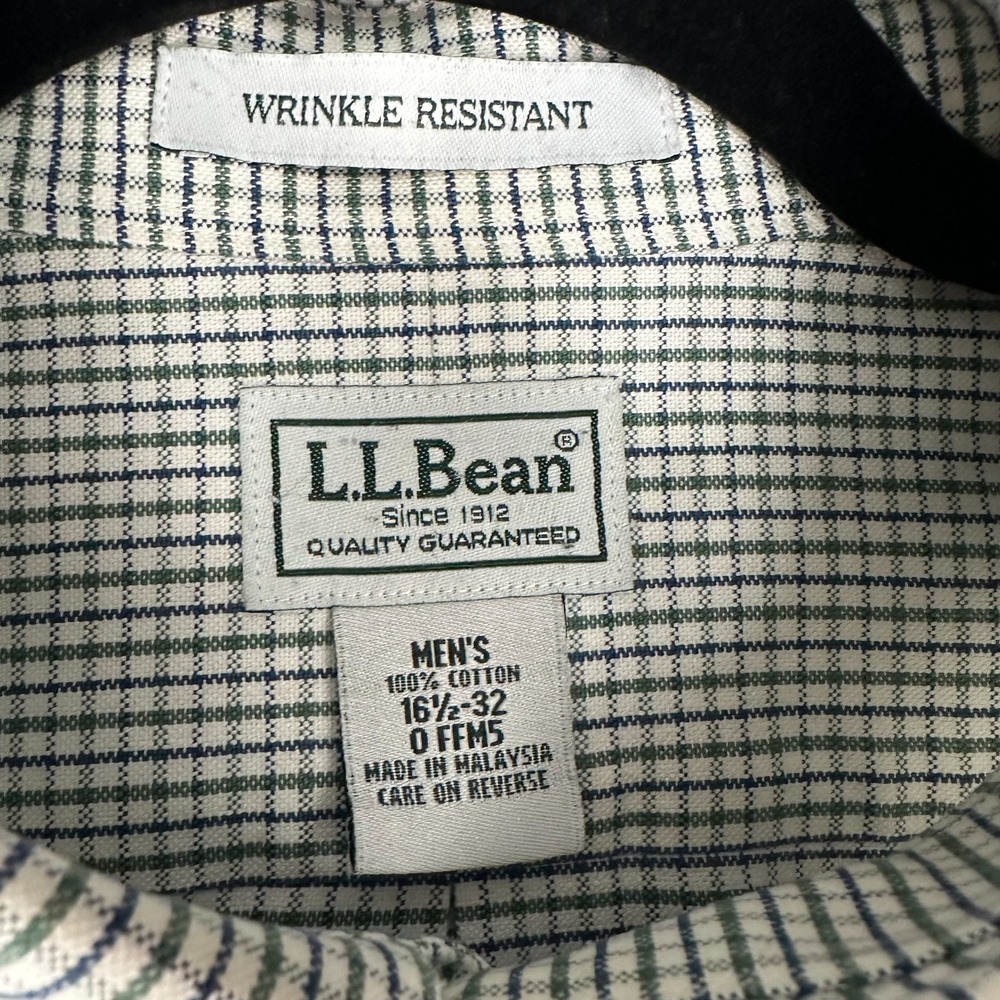 LL Bean Mens 16.5-32 Green White Tattersall Check Wrinkle Resistant Shirt Oxford - Picture 2 of 9